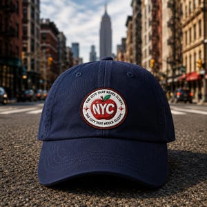 May include: A navy blue baseball cap with a circular patch displaying a red apple, the letters "NYC," and the words "The City That Never Sleeps." The cap is made of a soft material and has a curved peak. The background shows a city street.