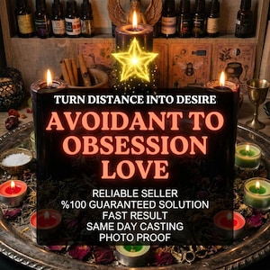 May include: A collection of black pillar and tea light candles arranged on a silver tray with scattered dried herbs and rose petals. The central candle features a glowing star graphic and text reading TURN DISTANCE INTO DESIRE AVOIDANT TO OBSESSION LOVE.