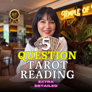 May include: A set of tarot cards held in a fan shape, featuring a dark background with intricate gold-coloured patterns. The image includes the text 5 QUESTION TAROT READING, EXTRA DETAILED, and a gold BEST SELLER badge in the upper left corner.