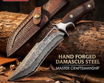Hand Forged Damascus Steel Camping Knife, Rosewood Handle, Leather Sheath – Personalized Gift