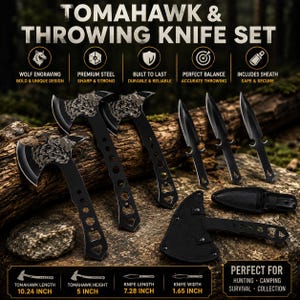 3-Pack Tomahawk Throwing Axe and Knife Set, Stainless Steel, Camping Survival Game