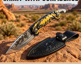 Yellow Scorpion Folding Knife, Engraved Wilderness Blade, Leather Sheath, Outdoor Collectible