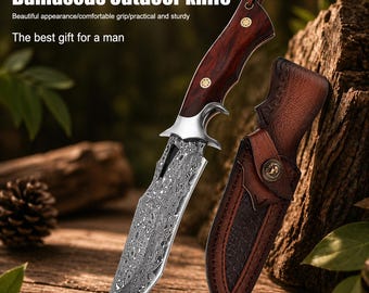 Handmade Damascus Steel Hunting Knife, Custom Wood Handle, Leather Sheath, Outdoor Camping Utility Tool
