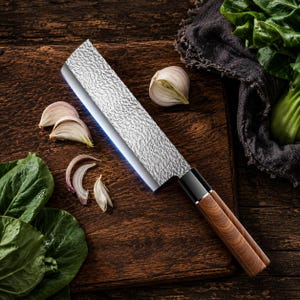 May include: A rectangular vegetable cleaver with a hammered metal finish on the blade, a sharp cutting edge, and a smooth wooden handle. The knife is positioned alongside several peeled garlic cloves and fresh green leafy vegetables.