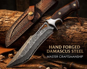 Hand Forged Damascus Steel Camping Knife, Rosewood Handle, Leather Sheath – Father's Day Gift