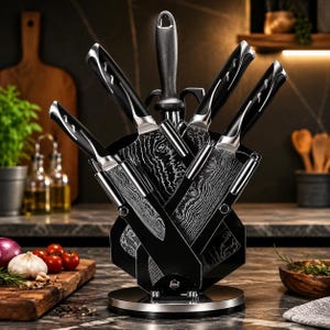 May include: A set of five kitchen knives with black handles and silver bolsters, featuring distinct wavy Damascus-style patterns on the blades. The knives are arranged in a circular black stand with a metallic base, designed for upright storage.