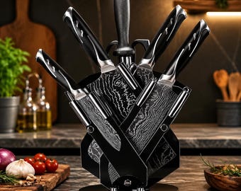 7-Piece Damascus Kitchen Knife Set, Stainless Steel Blades, Universal Holder