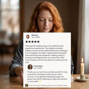 May include: A woman with red hair is looking down at a review card. The card has a five-star rating and text about a past life reading. A lit candle sits on a table in the background.