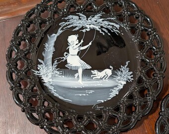 Westmoreland Black Glass Plates Artist Signed Pair 1973 Mary Gregory Style Reticulated Lace Border