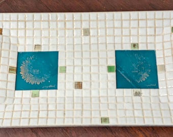Georges Briard Mosaic Glass Tile Tray | MCM Teal Gold Medallion Serving Tray