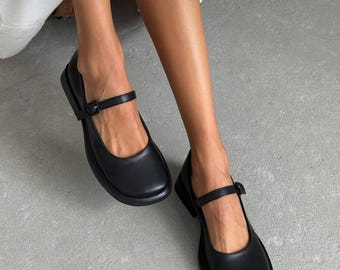 Black Leather Mary Jane Flats, Minimalist Square Toe, Balletcore Shoes (Size 38)
