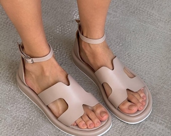 Beige Leather Sandals for Women, Minimal Platform Sandals, Comfortable Summer Shoes, Handmade in Ukraine