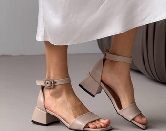 Beige Genuine Leather Block Heel Sandals, Minimalist Ankle Strap Shoes, Everyday Comfort