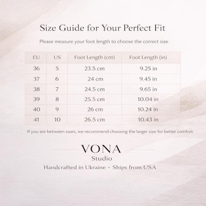 May include: A footwear size guide showing EU, US, and foot length measurements in centimetres and inches. Sizes range from EU 36 (23.5 cm, 9.25 in) to EU 41 (26.5 cm, 10.43 in). Includes a recommendation for in-between sizes.