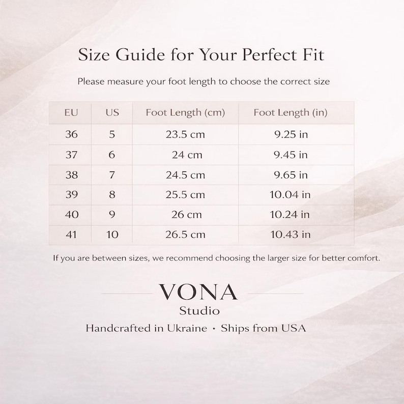 May include: A footwear size guide showing EU, US, and foot length measurements in centimetres and inches. Sizes range from EU 36 (23.5 cm, 9.25 in) to EU 41 (26.5 cm, 10.43 in). Includes a recommendation for in-between sizes.