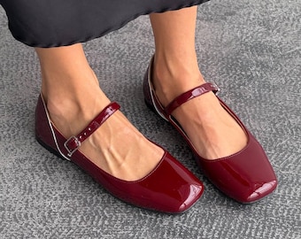 Burgundy Patent Leather Mary Jane Flats, Square Toe Ballet Shoes, Minimalist Style