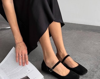 Black Suede Mary Jane Flats, Square Toe Ballet Shoes, Minimalist Leather Lined Handmade