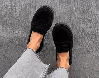 Black Suede Platform Loafers, Chunky Lug Sole, Minimalist Penny Slip-On Shoes