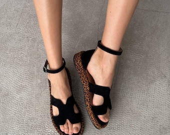 Black Suede Leopard Platform Sandals, Genuine Leather Ankle Strap Summer Shoes