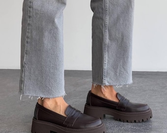 Brown Leather Platform Loafers, Chunky Lug Sole Slip On Shoes (Size 39)