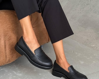 Black Leather Penny Loafers Women, Minimalist Slip On Shoes, Handmade Casual Flats (Size 39)