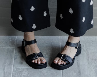 Genuine Leather Platform Sandals, Adjustable Buckle Straps, European Collection