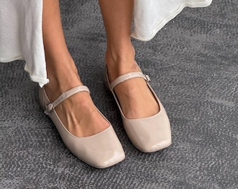 Beige Patent Mary Jane Flats, Minimalist Square Toe Leather Lined Shoes
