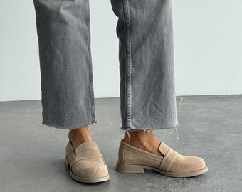 Beige Suede Loafers Women, Minimalist Penny Slip On Shoes, Handmade Casual Flats (Size 39)