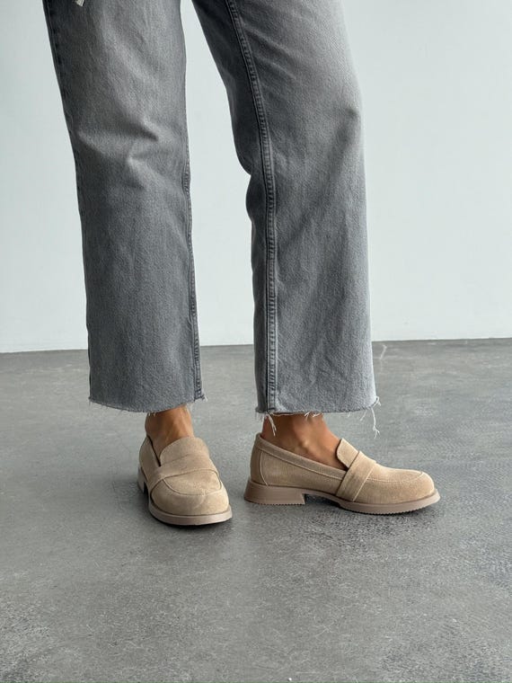 Beige Suede Loafers Women, Minimalist Penny Slip On Shoes, Handmade Casual Flats (Size 39)