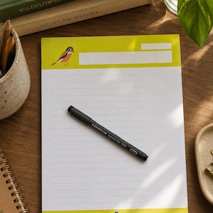 May include: A lined notepad with a yellow border and a bird illustration. A black pen rests on the notepad. Books and a small ceramic container with pencils are in the background. The notepad is on a wooden surface.