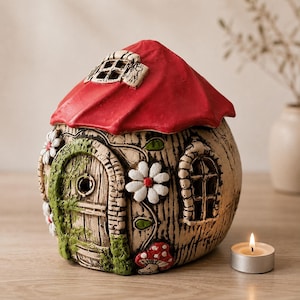 Op de afbeelding: Een grillig keramisch feeënhuisje met een rood dak, een groene boogvormige deuropening en witte madeliefjesaccenten. Het huis heeft een textuur, houtachtig uiterlijk en een klein raam. Een brandende waxinelichtkaars staat voor het huis.