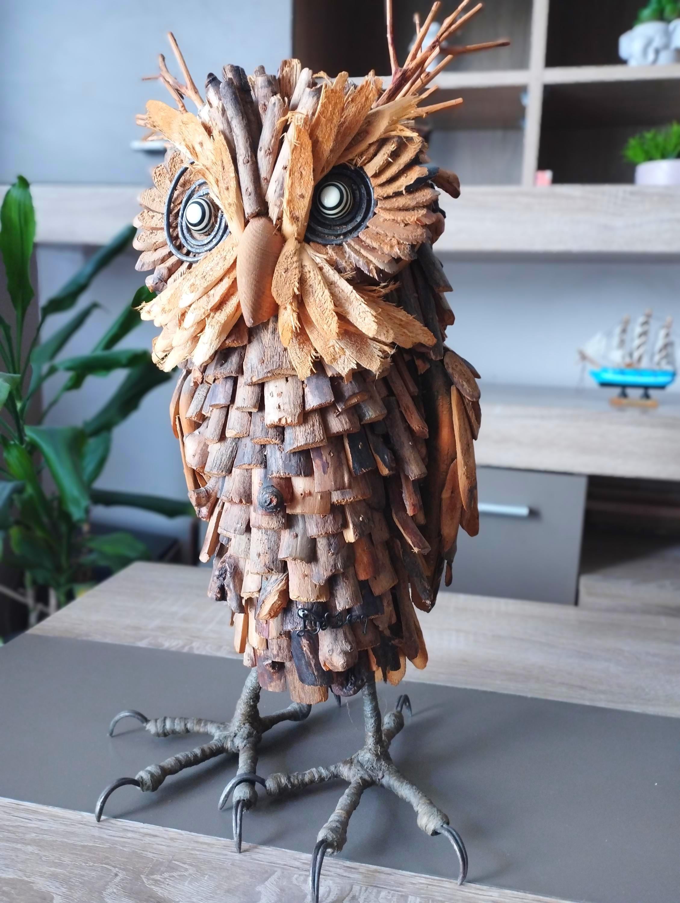 Handmade Wooden Owl Sculpture, Life Size Rustic Owl, Natural Wood Art.