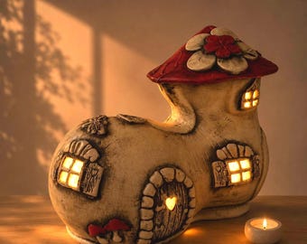 Whimsical Ceramic Boot Lantern – Fairy Cottage Candle Holder – Rustic Fantasy Home Decor