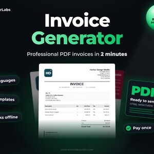 Könnte beinhalten: Eine Rechnungsgenerator-Softwareoberfläche mit dem Text Invoice Generator, Professional PDF invoices in 2 minutes, 5 languages, 5 templates, Works offline, Instant Download, PDF Ready to send und Pay once auf dunklem Hintergrund.