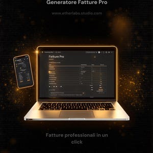 Pode incluir: Um laptop e um smartphone exibem a interface "Fatture Pro", com o logotipo EtherLabs no topo. A imagem tem um fundo escuro com o texto "Fatture professionali in un click" e o endereço do site.