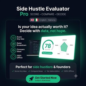 May include: Side Hustle Evaluator Pro software interface featuring a score of 78 out of 100, a radar chart displaying demand, effort, cost, skills, and margin metrics, and a list of features including score any idea, radar breakdown, and compare ideas.