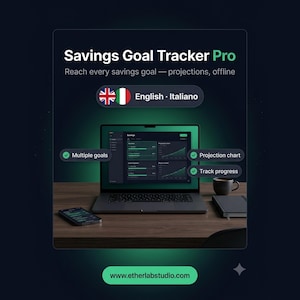 Può includere: Software Savings Goal Tracker Pro visualizzato sullo schermo di un portatile, con grafici di proiezione e monitoraggio dei progressi. L'interfaccia include etichette per obiettivi multipli, grafici e l'URL www.etherlabstudio.com.