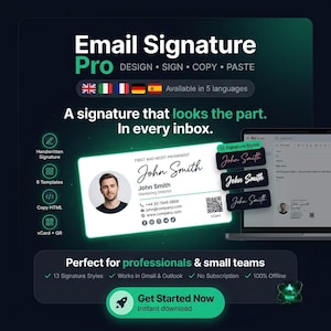 Generatore Firma Email Pro | 5 Lingue | Firma HTML Email-Safe | Gmail Outlook Apple Mail | 6 Template | Offline