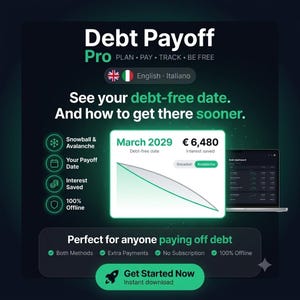 Op de afbeelding: Digitale interface van Debt Payoff Pro met een schuldvrije datum in maart 2029, € 6.480 aan bespaarde rente en een neerwaartse trendgrafiek. De donkergroene achtergrond toont tekst zoals Snowball & Avalanche-methoden, 100% Offline en een Get Started Now-knop.