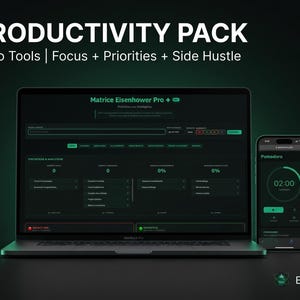 Può includere: Un laptop e uno smartphone mostrano un'interfaccia software di produttività. Lo schermo del laptop mostra "Matrice Eisenhower Pro" con sezioni di analisi dei dati. Il telefono mostra un timer Pomodoro. L'immagine è etichettata "PRODUCTIVITY PACK".