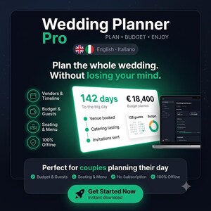 May include: Wedding Planner Pro digital software interface featuring a dashboard with 142 days countdown, 18,400 budget, and 128 guests. Includes icons for vendors, timeline, seating, menu, and offline access. Text reads: Plan the whole wedding. Without losing your mind.