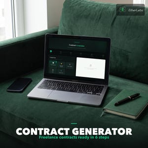 Può includere: Un laptop che mostra un'interfaccia "Contract Generator", con uno smartphone e un taccuino con una penna accanto. Lo schermo mostra un'interfaccia verde scuro con testo e icone bianche. Il testo "Freelance contracts ready in 6 steps" è in basso.