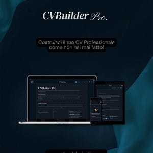 May include: Dark blue promotional image for CVBuilder Pro. A laptop, tablet, and smartphone display the software interface. Text includes "Costruisci il tuo CV Professionale come non hai mai fatto!" and "www.etherlabstudio.com".