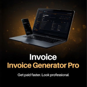 May include: A laptop and smartphone displaying the "Invoice Pro" interface. The image features the text "Invoice Invoice Generator Pro" and the tagline "Get paid faster. Look professional."