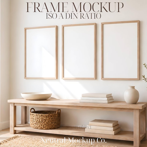 Neutraler Rahmen 3er Set | A3 Rahmen Mockup | Helle Eiche Wand Kunst Mockup | Skandinavisches Interieur PSD JPG Mockup