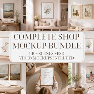 May include: A digital collection of 140+ PSD scene mockups for wall art frames, featuring various interior settings including nurseries, living rooms, and dining areas with diverse artwork styles like landscapes, florals, and animals.