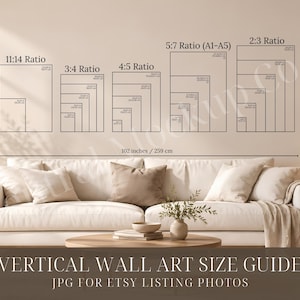 Puede incluir: Una guía de tamaños de arte mural vertical que muestra varias relaciones de aspecto incluyendo 11:14, 3:4, 4:5, 5:7 y 2:3 con dimensiones en cm. El texto dice Vertical Wall Art Size Guide JPG for Etsy Listing Photos.