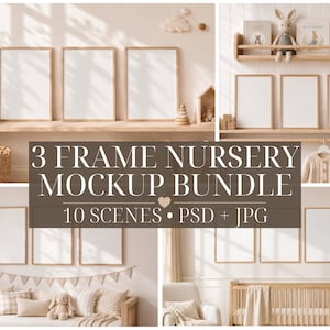 Può includere: Un pacchetto mockup con tre cornici in un ambiente nursery. L'immagine presenta scaffali in legno, una culla e un divano. Il testo recita "3 Frame Nursery Mockup Bundle" e "10 Scenes + PSD + JPG".