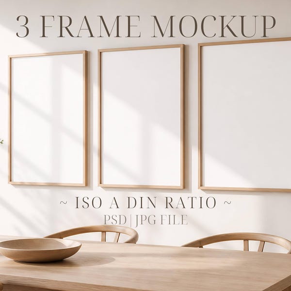 3 Bilderrahmen Mockup Esszimmer | ISO A DIN Ratio Galerie Wand Mockup | Neutral Wall Art Mockup psd Smartobjekt und jpg Datei | Holzrahmen Mockup