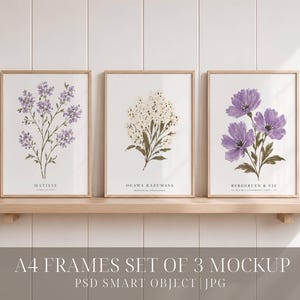 Könnte beinhalten: Ein Set aus drei vertikalen, rechteckigen Wandbildern in hellen Holzrahmen. Das linke Bild zeigt violette Blumen mit dem Text MATISSE. Das mittlere Bild zeigt weiße Blumen mit OGAWA KAZUMASA. Das rechte Bild zeigt violette Blumen mit dem Text BERGGRUEN & CIE.